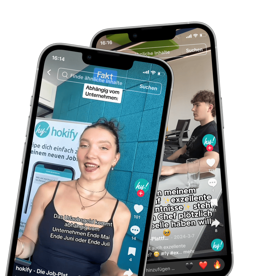 Zwei Smartphones übereinander, auf denen Screenshots von zwei unterschiedliche TikTok Videos von hokify zu sehen sind.